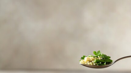 detailed macro shot of spoonful of quinoa and fresh vegetables set against softly blurred background with copy space