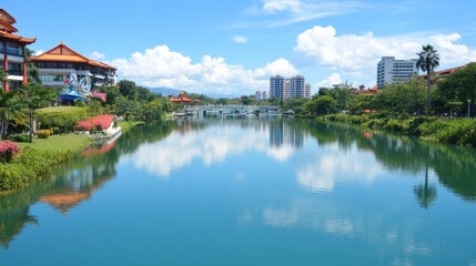 Fototapeta premium Serene Canal Cityscape with Asian Architecture and Lush Greenery