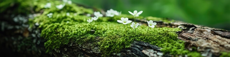 detailed shot of soft moss and tiny blooming flowers growing on log in forest