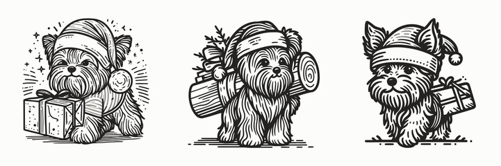 Fototapeta premium Three festive dogs in Santa hats, each carrying gifts, embodying holiday cheer and cuteness.