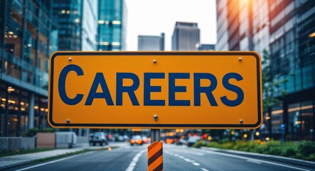 Obraz premium Careers text on road sign in middle of modern business city background