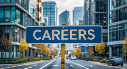 Careers text on road sign in middle of modern business city background