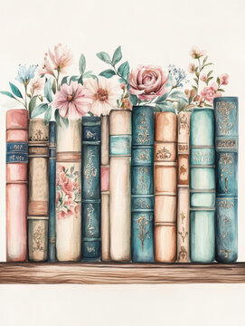 beautiful watercolor illustration of bookshelf filled with vintage books adorned with flowers. soft colors and intricate designs create charming and inviting atmosphere