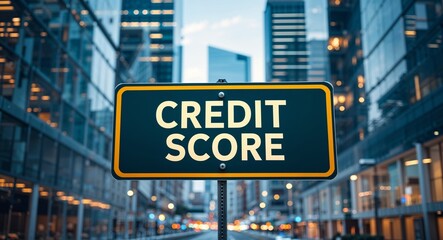 Obraz premium Credit score text on road sign in middle of modern business city background