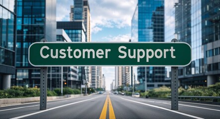 Obraz premium customer support text on road sign in middle of modern business city background