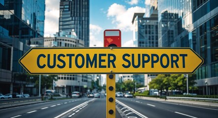 Obraz premium customer support text on road sign in middle of modern business city background