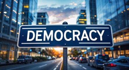 Obraz premium democracy text on road sign in middle of modern business city background