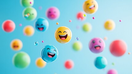 Colorful emoji balls with joyful expressions floating in blue sky