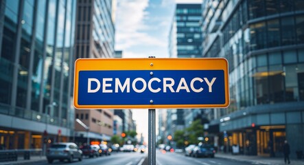 democracy text on road sign in middle of modern business city background