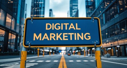 digital marketing text on road sign in middle of modern business city background