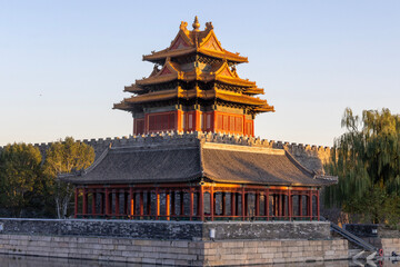 Fototapeta premium Beautiful water reflection of Forbidden City Corner Tower or Jiaolou in Beijing