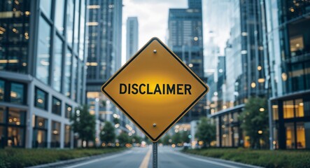 Disclaimer text on road sign in middle of modern business city background