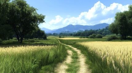 Serene Countryside Path Through Golden Wheat Fields