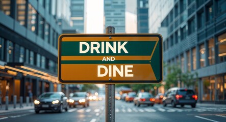 drink and dine text on road sign in middle of modern business city background