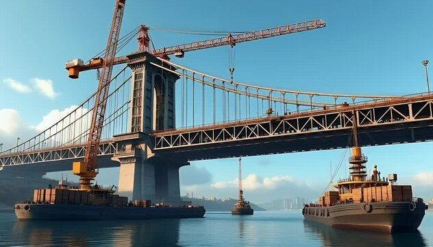A bridge construction scene over the waterline, with cranes and workers building the structure, as beams and materials are carefully placed into position above the water.

