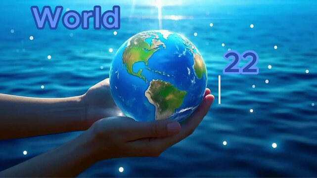 World water day text animation globe 4k video full hd hands hands holding earth