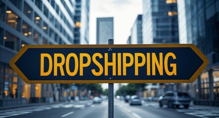 Obraz premium Dropshipping text on road sign in middle of modern business city background