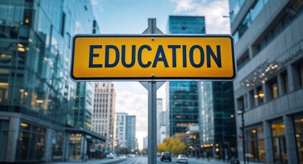 Obraz premium education text on road sign in middle of modern business city background