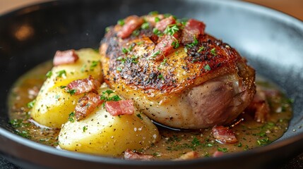 Delicious roast chicken with potatoes gourmet restaurant food photography cozy interior close-up culinary delight