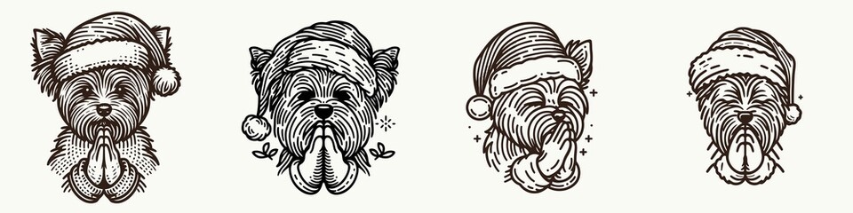 Fototapeta premium Four whimsical dog illustrations wearing Santa hats, showcasing different expressions in a festive, playful style.