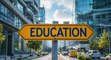 Obraz premium education text on road sign in middle of modern business city background