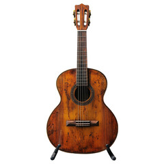 Obraz premium A vintage acoustic guitar displayed on a stand, showcasing its intricate wood grain and craftsmanship.