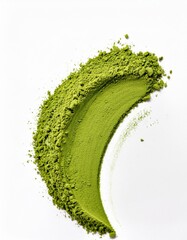 Bright green matcha powder spills in a crescent shape against a white background.