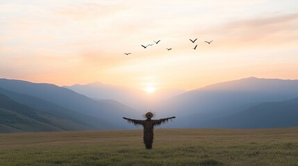 dramatic shot of lone scarecrow standing in vast field under colorful sunset with birds flying overhead