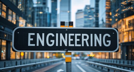 Obraz premium engineering text on road sign in middle of modern business city background