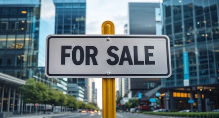 Obraz premium for sale text on road sign in middle of modern business city background