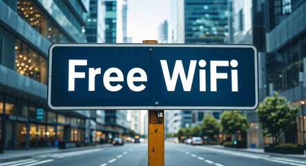 free wifi text on road sign in middle of modern business city background