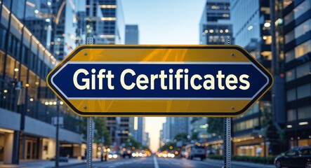 Obraz premium Gift certificates text on road sign in middle of modern business city background
