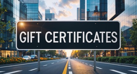 Gift certificates text on road sign in middle of modern business city background
