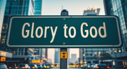 Fototapeta premium Glory to God text on road sign in middle of modern business city background