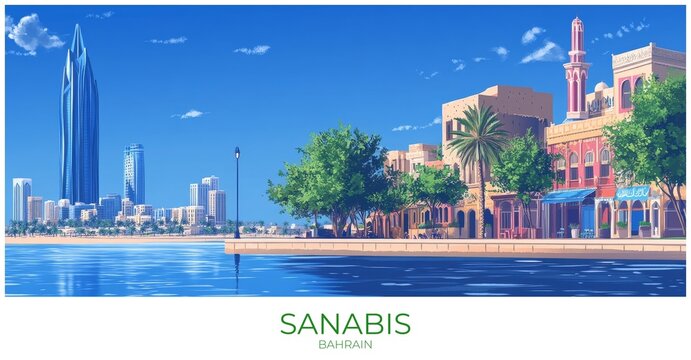 Sanabis Bahrain Travel Poster Flat Illustration Print Decor Gift Canvas Wall Art