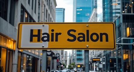 Obraz premium Hair salon text on road sign in middle of modern business city background