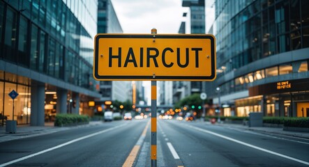 Obraz premium Haircut text on road sign in middle of modern business city background