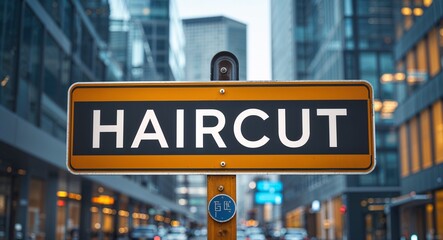 Obraz premium Haircut text on road sign in middle of modern business city background