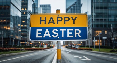 Obraz premium happy easter text on road sign in middle of modern business city background