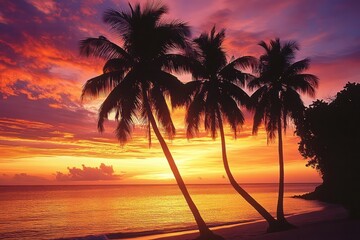 A tropical island at dusk with a warm, glowing sky and the silhouette of palm trees gently swaying in the breeze
