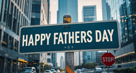 Obraz premium happy fathers day text on road sign in middle of modern business city background