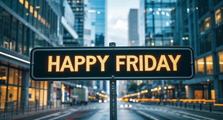 Obraz premium happy Friday text on road sign in middle of modern business city background
