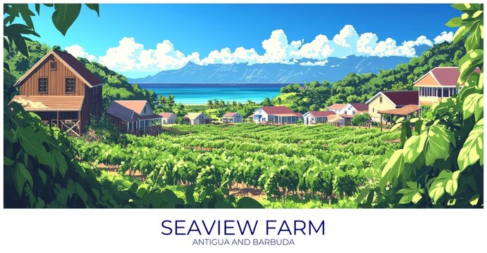 Seaview farm Antigua and barbuda Travel Poster Flat Illustration Print Decor Gift Canvas Wall Art
