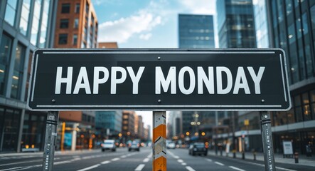 Fototapeta premium happy Monday text on road sign in middle of modern business city background