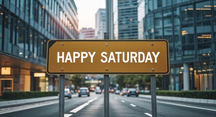 Obraz premium happy Saturday text on road sign in middle of modern business city background
