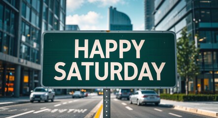 happy Saturday text on road sign in middle of modern business city background