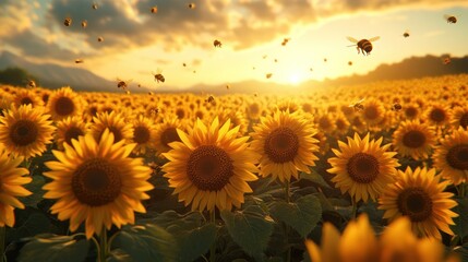 Fototapeta premium Bees pollinating sunflowers at sunset, mountain backdrop, nature