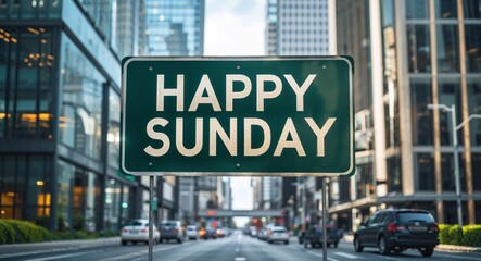 Obraz premium happy Sunday text on road sign in middle of modern business city background