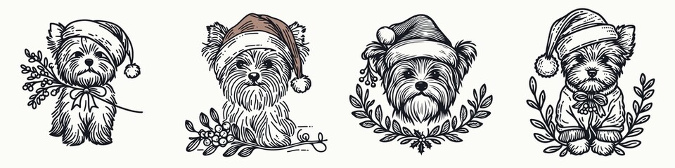 Obraz premium Four festive dogs wearing Santa hats and surrounded by holiday decorations, showcasing a cheerful Christmas spirit.