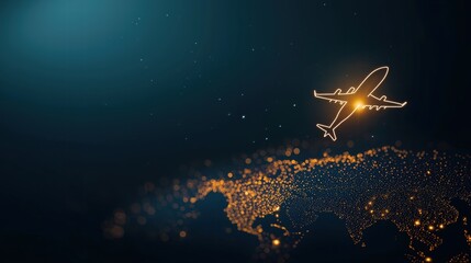 global Airplane Icon A silhouette of a passenger airplane flying over a world map, connecting major cities with flight paths, illustrating global travel and connectivity.